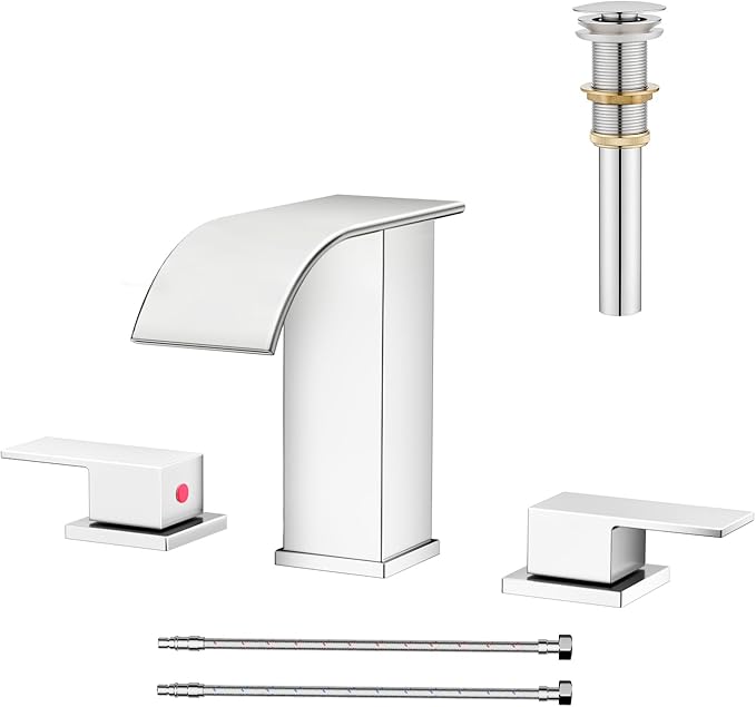 AVSIILE Waterfall Bathroom Faucet 3 Hole, Chrome 8 Inch Widespread Modern 3 Piece Bathroom Sink Faucet, Touch On Lavatory Faucet for Vanity RV Restroom, Curved Spout