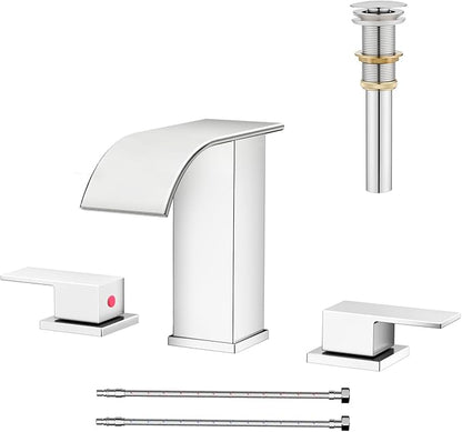 AVSIILE Waterfall Bathroom Faucet 3 Hole, Chrome 8 Inch Widespread Modern 3 Piece Bathroom Sink Faucet, Touch On Lavatory Faucet for Vanity RV Restroom, Curved Spout