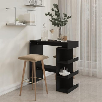 Black Engineered Wood Standard Bar Table Rectangular with 3 Shelves and Footrest, Modern Bistro Style for Kitchen Dining Room Living Space, Sturdy Construction Sleek Matte