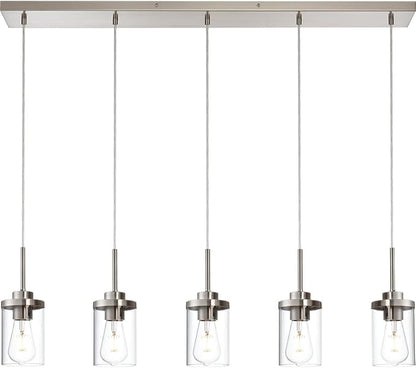 5 Lights Island Lights for Kitchen Modern Industrial Brushed Nickel Linear Chandeliers with Clear Glass Shade for Dining Room Kitchen Long Finish Ceiling Lighting Fixtures
