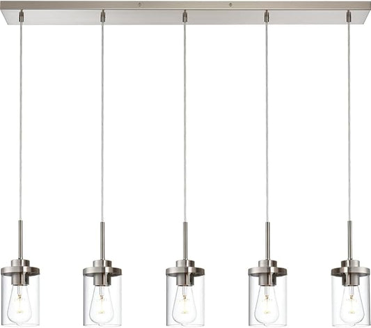 5 Lights Island Lights for Kitchen Modern Industrial Brushed Nickel Linear Chandeliers with Clear Glass Shade for Dining Room Kitchen Long Finish Ceiling Lighting Fixtures
