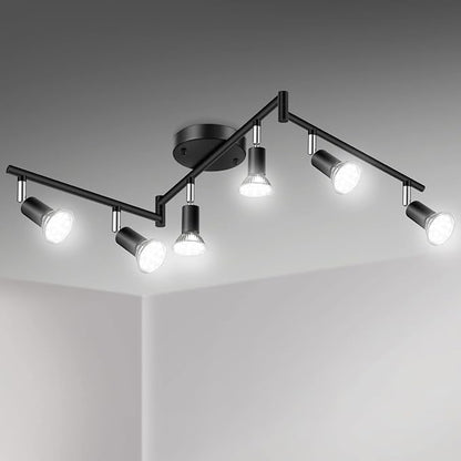 Unicozin LED 6 Light Track Lighting Kit, 46.5'' Black 6 Way Ceiling Spot Lighting, Flexibly Rotatable Head, Track Light Included 6 x LED GU10 Bulb (4W, Daylight White 5000K, 400LM)