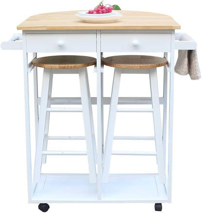 FCH Folding Dining Table and Chair Set, Solid Wood Drop Leaf Breakfast Cart Table Set Kitchen Trolley Island Cart with 2 Round Stools and 2 Drawers for 2