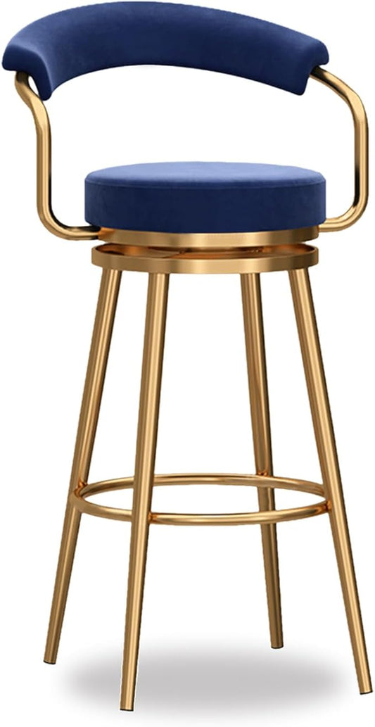 Round Height Stools of 1, Velvet with Open Back, Tall Armless Chairs, stools Metal Frame for Kitchen Island, Seat 75cm, Blue (1pcs Seat Height 75cm)