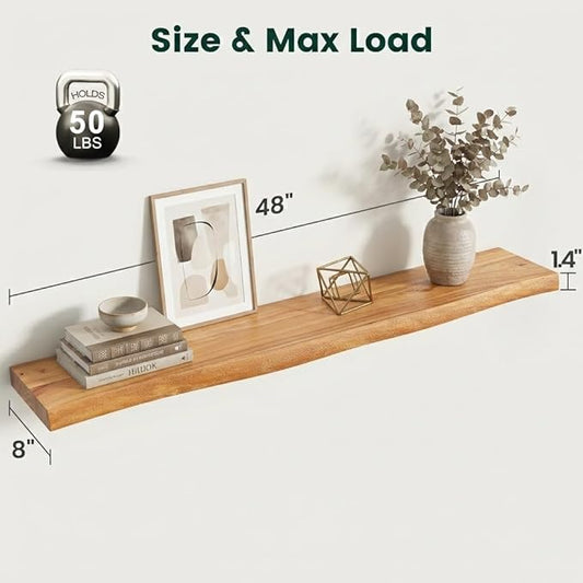 48 Inch Live Edge Floating Shelves, 8 Inch Deep Solid Elm Wood Wall Shelf, Heavy-Duty Wall Mounted Shelf with Invisible Brackets for Living Room, Bathroom, Kitchen, Set of 1, Natural Color