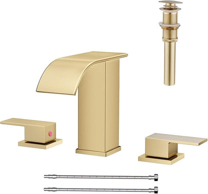 AVSIILE Waterfall Bathroom Faucet 3 Hole, Brushed Gold 8 Inch Widespread Modern 3 Piece Bathroom Sink Faucet, Touch On Lavatory Faucet for Vanity RV Restroom, Curved Spout