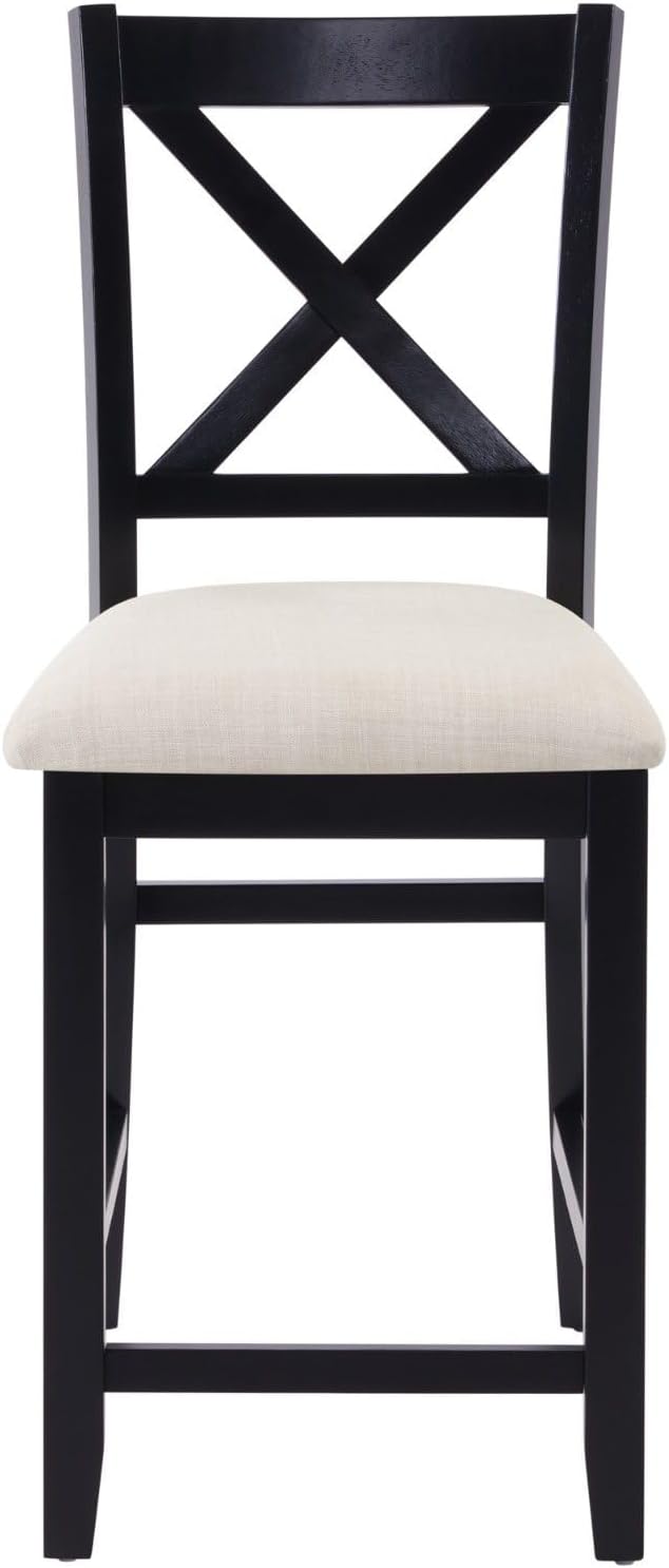 Counter Height Dining Chairs Set of 4, X-Back Kitchen Bar Stools with Padded Seat, Black Wooden Frame with Beige Linen Fabric, Ergonomic Chairs for Kitchen Island, Home Bar
