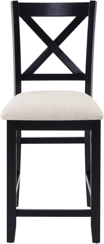Counter Height Dining Chairs Set of 4, X-Back Kitchen Bar Stools with Padded Seat, Black Wooden Frame with Beige Linen Fabric, Ergonomic Chairs for Kitchen Island, Home Bar