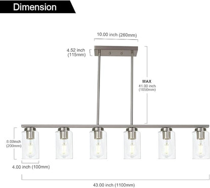 TODOLUZ 6-Light Kitchen Island Lighting with Clear Glass Shades, Modern Linear Pendant Light Fixture for Dining Room Pool Table, Brushed Nickel Finish
