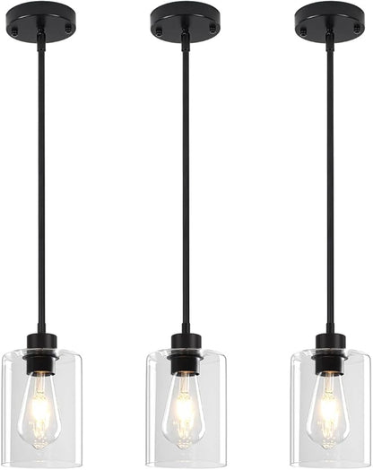 3 Pack Black Pendant Lights Kitchen Island, Modern Glass Pendant Lighting Over Island Kitchen Hanging Dining Room Light Fixtures Adjustable Pendant Lights for Bathroom Hallway Entryway Bedroom