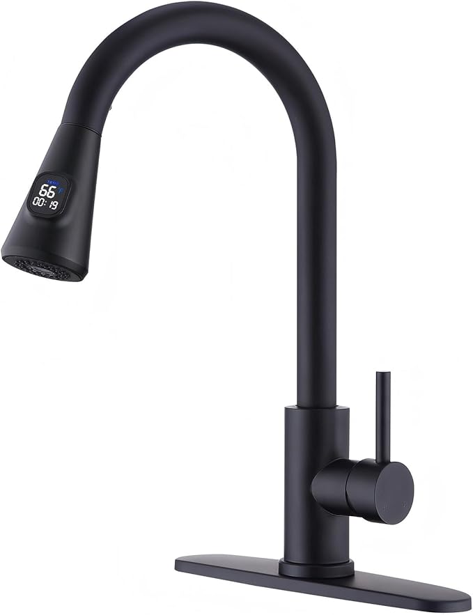 HOMELODY LED Temperature Display Black Kitchen Faucet with Pull Down Sprayer - Matte Black Single Handle Kitchen Sink Faucet, High Arc 304 Stainless Steel Design for RV Laundry Farmhouse Bar