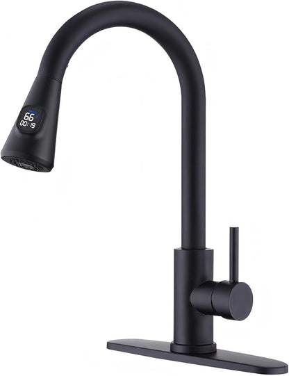 HOMELODY LED Temperature Display Black Kitchen Faucet with Pull Down Sprayer - Matte Black Single Handle Kitchen Sink Faucet, High Arc 304 Stainless Steel Design for RV Laundry Farmhouse Bar