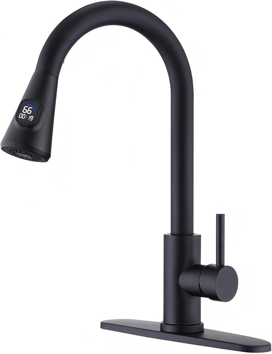 HOMELODY LED Temperature Display Black Kitchen Faucet with Pull Down Sprayer - Matte Black Single Handle Kitchen Sink Faucet, High Arc 304 Stainless Steel Design for RV Laundry Farmhouse Bar