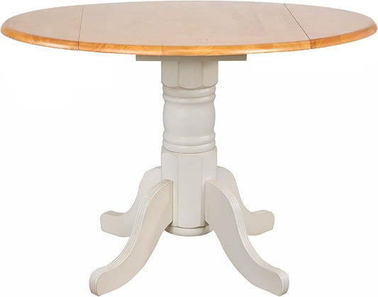 Sunset Trading Oakley Selections 42" Round Extendable Drop Leaf Table | Antique White/Light Oak Solid Wood| Seats 4 | Dining Room Kitchen Furniture