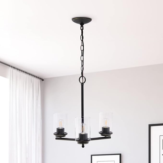 Elegant Designs PT1018-RBZ 15" Traditional Vintage Modern Industrial 3-Light Metal and Clear Glass Kitchen Island Foyer Hallway Living Room Den Dining Room Hanging Pendant Chandelier, RBZ