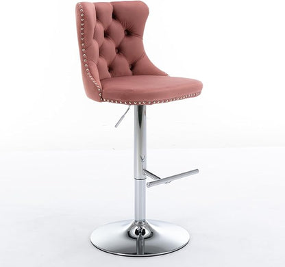 Rhomtree Velvet Swivel Bar Stools Upholstered Bar Stool with Button Tufted Back and Pull Ring Height Adjustable Barstools 25-33 Inch for Home Pub and Kitchen Island (Pink with Silver Base, Set of 8)