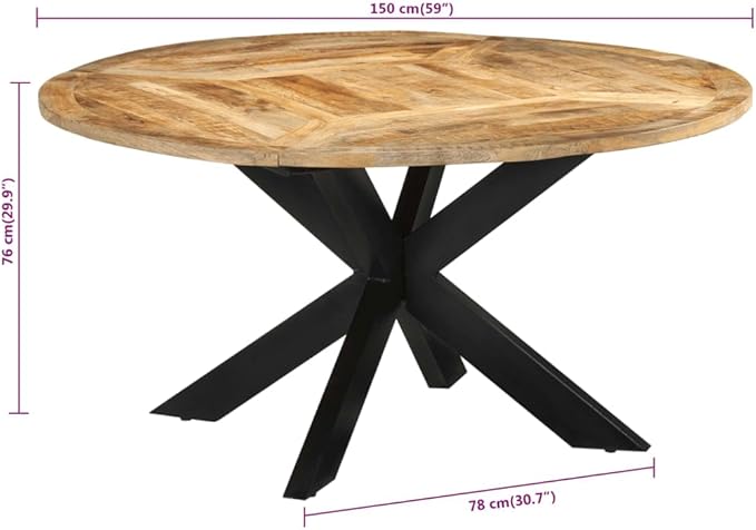 Round Dining Table, Solid Mango Wood, Natural Finish, 59.1 Inch Large Kitchen & Dining Room Table, Sturdy Iron Frame, Seats 6 for Dinner, Farmhouse Style
