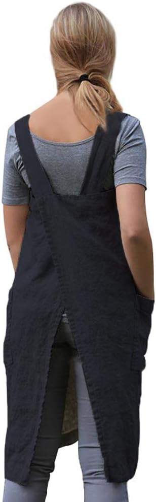 Larmliss Women's Pinafore Square Apron Baking Cooking Gardening Works Cross Back Cotton/Linen Blend Dress with 2 Pockets