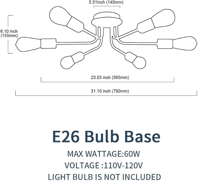 Semi Flush Mount Ceiling Light Fixture 6-Light Modern Sputnik Chandelier Lighting Black Vintage Metal Ceiling Lamp E26 Living Room Light Fixtures for Kitchen Dining Room Bedroom Foyer