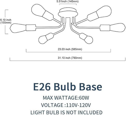 Semi Flush Mount Ceiling Light Fixture 6-Light Modern Sputnik Chandelier Lighting Black Vintage Metal Ceiling Lamp E26 Living Room Light Fixtures for Kitchen Dining Room Bedroom Foyer