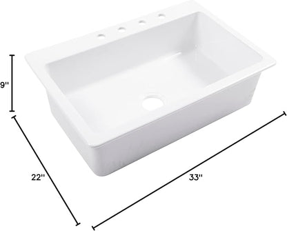 Sinkology Jackson 33 Inch White Fireclay Drop-In Kitchen Sink, Single Bowl, 4 Faucet Holes, Fits 36 Inch Cabinet, Surefire Finish
