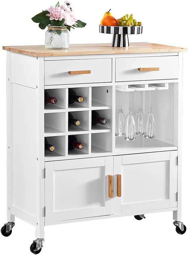 Menaka 2 Doors Kitchen Island Carts 30 Inches with Drawers and Wine Rack Storage Sideboard Buffet Trolley Side Table with Wheels, White Dining Room Cupboard Dinette Floor Freestanding Small Space
