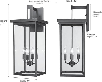 ML Lighting | Barkeley Collection | 42603-PBK | 27" Modern Four Bulb Outdoor Steel Large Wall Sconce | Anti-Rust Powder Coat Black with Clear Glass Shade | Exterior Ambient Light for Safety
