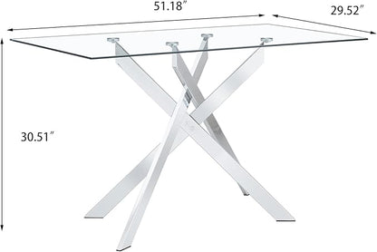 Glass Dining Table,51'' Rectangular Dining Kitchen Table,Modern X-Design Dining Room Table with Black Metal Base for Dining Room