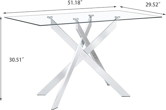 Glass Dining Table,51'' Rectangular Dining Kitchen Table,Modern X-Design Dining Room Table with Black Metal Base for Dining Room