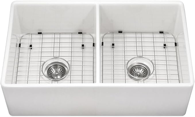 Houzer Platus White Fireclay Kitchen Sink: 33 Inch Apron Front Farmhouse 50/50 Double Bowl Sink with Strainer & Grids, Durable & Versatile, Essential for Home & Apartment: PTD-4400 WH-C