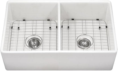 Houzer Platus White Fireclay Kitchen Sink: 33 Inch Apron Front Farmhouse 50/50 Double Bowl Sink with Strainer & Grids, Durable & Versatile, Essential for Home & Apartment: PTD-4400 WH-C
