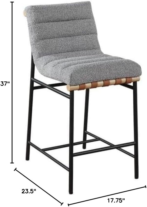 Lilola Home Lahni 18" W Gray Boucle Fabric Counter Height Chair – Contemporary Upholstered Bar Stool with Cognac PU Leather Detail and Fully Assembled Design for Kitchen Dining Room