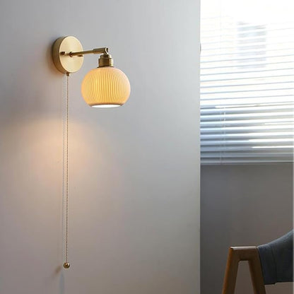 Vintage Wall Light Fixtures Ceramic Wall Lamp with White Globe Shade Gold Brass Wall Sconces Pull Chain Switch Wall Light for Bedroom Living Room Study Aisle