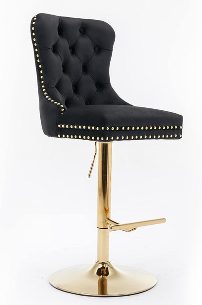 Thick Golden Swivel Velvet Bar stools Adjusatble Seat Height from 27 35 Inch, Upholstered Bar Stools with Backs Comfortable Tufted for Home Pub and Kitchen Island (Black,Set of 2)