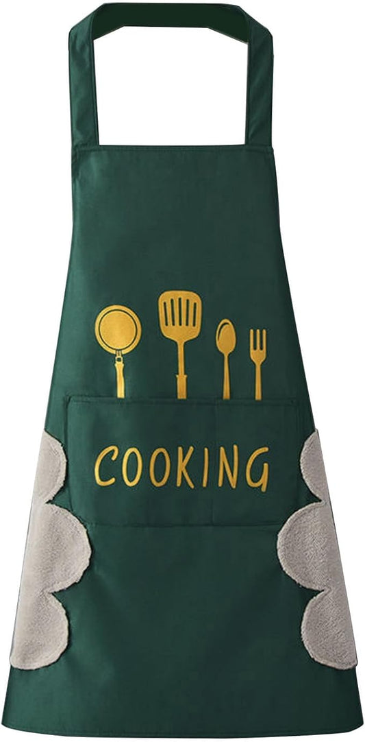 DILLMAN Women Kitchen Apron with Hand Wipe Pockets，Big Pocket,Hand-wiping, Waterproof for Cooking Baking