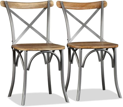 Solid Mango Wood Dining Chairs Set of 4 with Steel Cross Back Design Industrial Style Furniture for Kitchen Living Room and Restaurant Use