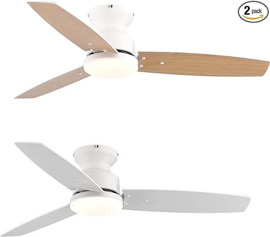 42 Inch Ceiling Fans with Lights and Remote, Bedroom Living Room Office, Flush Mount, 3CCT Dimmable, Dual Color 3 Blades 6 Speed Reversible Quiet DC Motor, White/Wood Grain, 2 Pack