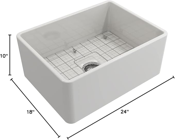 BOCCHI Classico White Apron Front Fireclay 24 in. Single Bowl Kitchen Sink with Protective Bottom Grid, Strainer, and Chrome Faucet