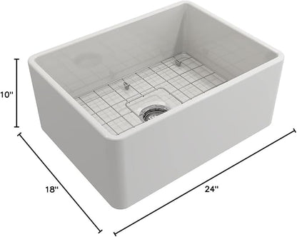 BOCCHI Classico White Apron Front Fireclay 24 in. Single Bowl Kitchen Sink with Protective Bottom Grid, Strainer, and Chrome Faucet