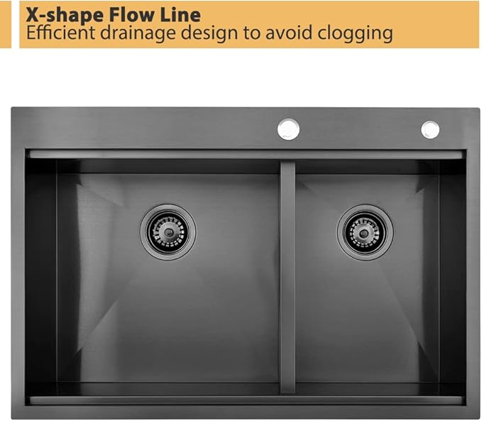 33 Inch Black Drop In Double Bowl Kitchen Sink Workstation-Bokaiya 33x22 Drop In Black Stainless Steel Top Mount Workstation Sink 16 Gauge Low Divide 60/40 Double Sink with Cutting Board
