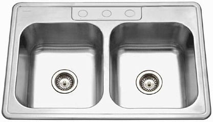 Houzer 3322-9BS3-1 Glowtone Series Topmount Stainless Steel 50/50 Double Bowl Kitchen Sink, 9-Inch Deep