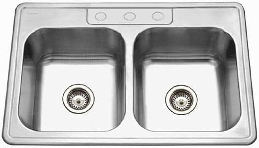 Houzer 3322-9BS3-1 Glowtone Series Topmount Stainless Steel 50/50 Double Bowl Kitchen Sink, 9-Inch Deep