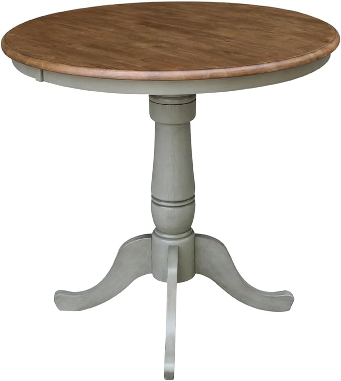HomeStock Medieval Majesty 36-in Round Top Pedestal Table - Counter Height, Dual-Toned Hickory/Stone Finish, Parawood, Butcher Block Top, Ideal for Kitchen Islands