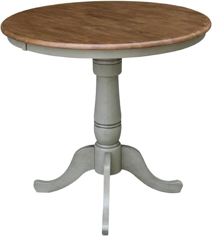 HomeStock Medieval Majesty 36-in Round Top Pedestal Table - Counter Height, Dual-Toned Hickory/Stone Finish, Parawood, Butcher Block Top, Ideal for Kitchen Islands