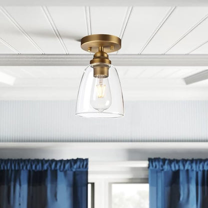 Yosoan Retro Semi Flush Mount Ceiling Light, 1-Light Vintage Industrial Hardwired 5.51'' Oval Cone Glass Shade for Kitchen Bathroom Cafe Corridor Hallway Entryway Passway(Antique)