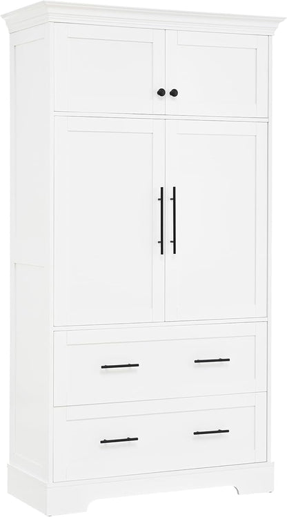 Merax 72.6" Farmhouse Kitchen Pantry Cabinet with Pull-Out Trays & Drawers, Freestanding Pantry with Cake Pan Storage, 4-Door Shaker Style Storage Cabinet, 40" L x 18" W, White