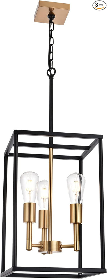 VINLUZ 3 Light Vintage Industrial Pendant Light, Lantern Cage Chandelier in Black and Brushed Brass Finish Classic Hanging Kitchen Lighting for Foyer Dining Room Kitchen Island, Bedroom