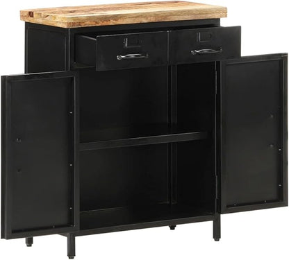 Industrial Sideboard, Black Natural Rough Mango Wood, Powder-Coated Steel Frame, 2-Door Storage Cabinet, 11.8x23.6x29.9 in Living Room Buffet Furniture Kitchen Furnitur