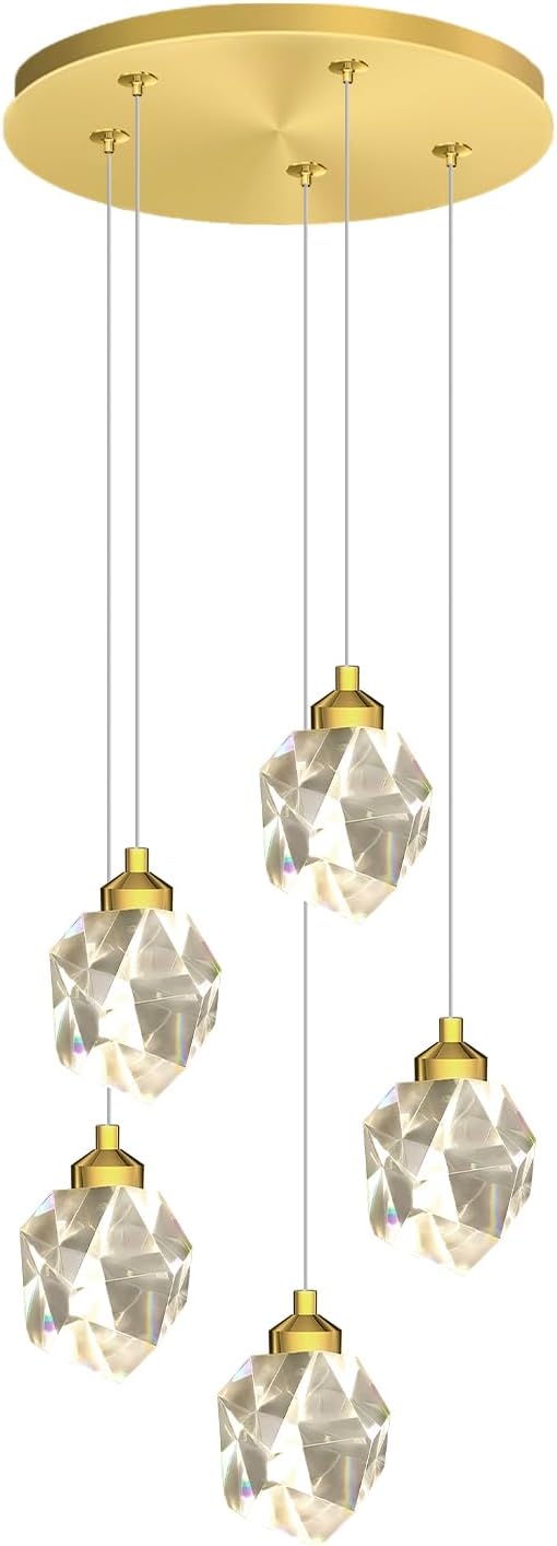 5-Light Gold Crystal Drop Pendant Light, Kitchen Island Hanging Light Fixtures, Modern Solid Clear Crystal Chandelier for Dining Room Living Room Foyer