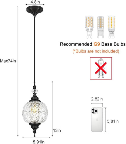 Pendant Lights Kitchen Island 2 Pack, Black Vintage Pendant Light with Detachable Glass Shade, Adjustable Hanging Light for Kitchen Island Lighting, Bathroom, Farmhouse, G9 Base (Bulbs Not Included)